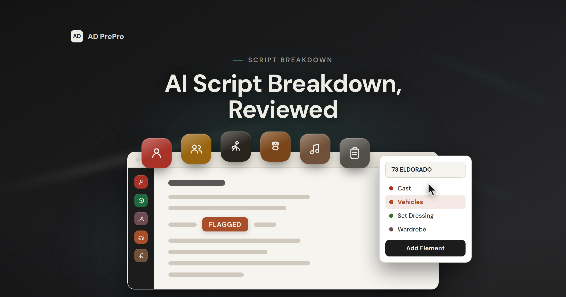 A stylized AD PrePro screenplay page with two element chips side by side, one marked as a confident AI tag and one flagged for AD review.