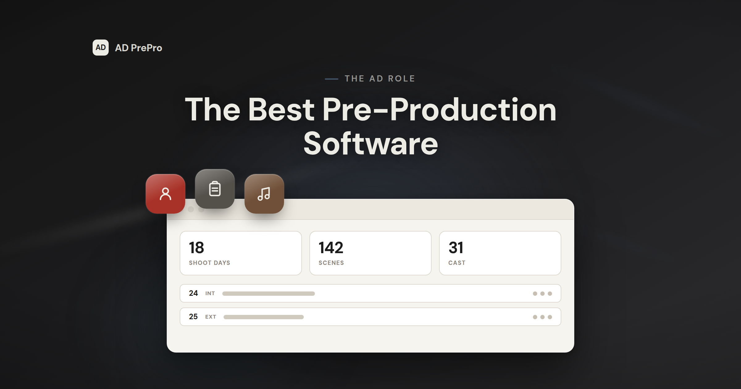 A stylized AD PrePro dashboard screen with a row of software comparison chips and category icon discs for scheduling, breakdown, and call sheets.