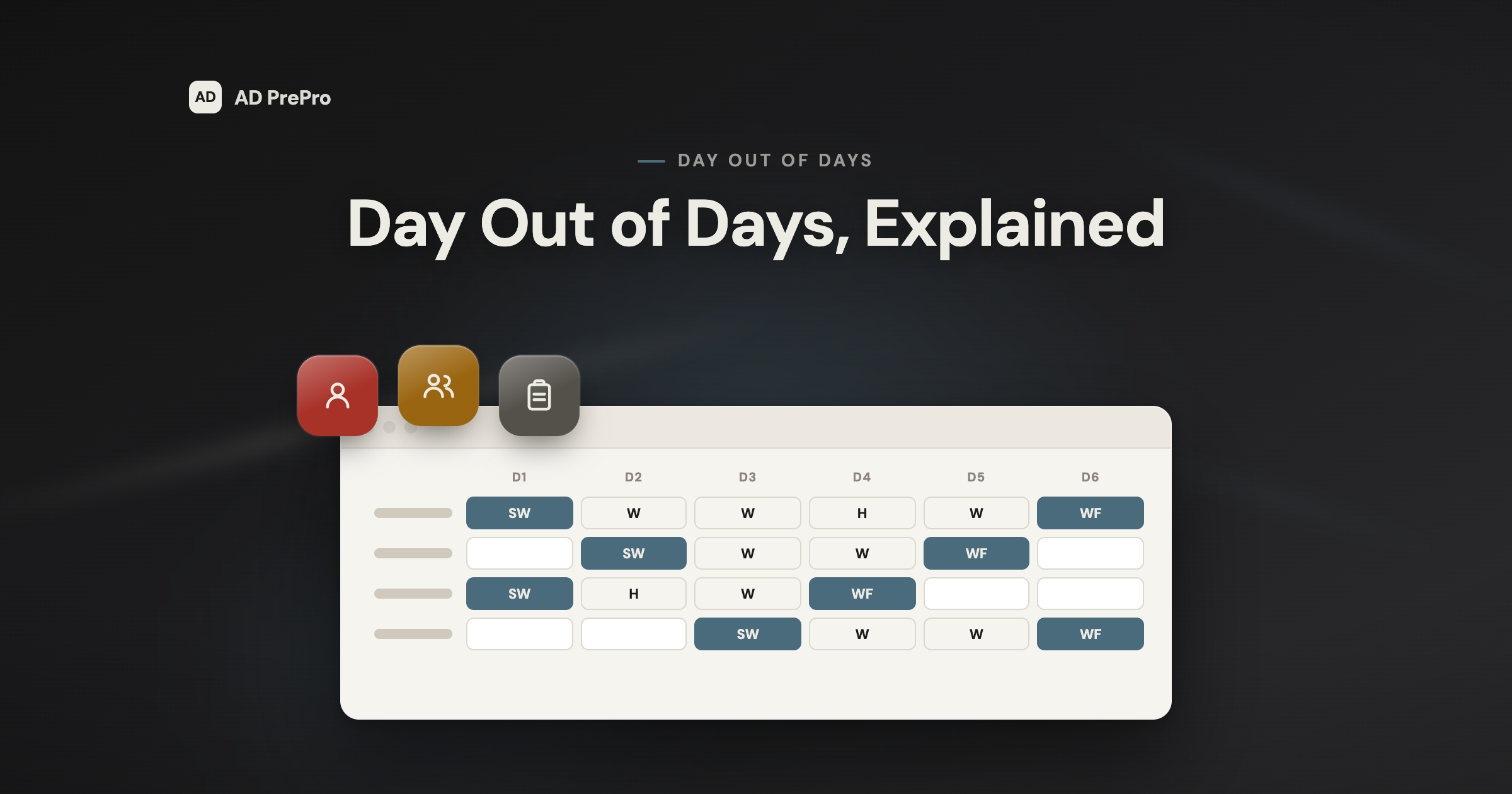 A stylized Day Out of Days grid: cast rows across six shoot days filled with the SW, W, H, and WF work codes.