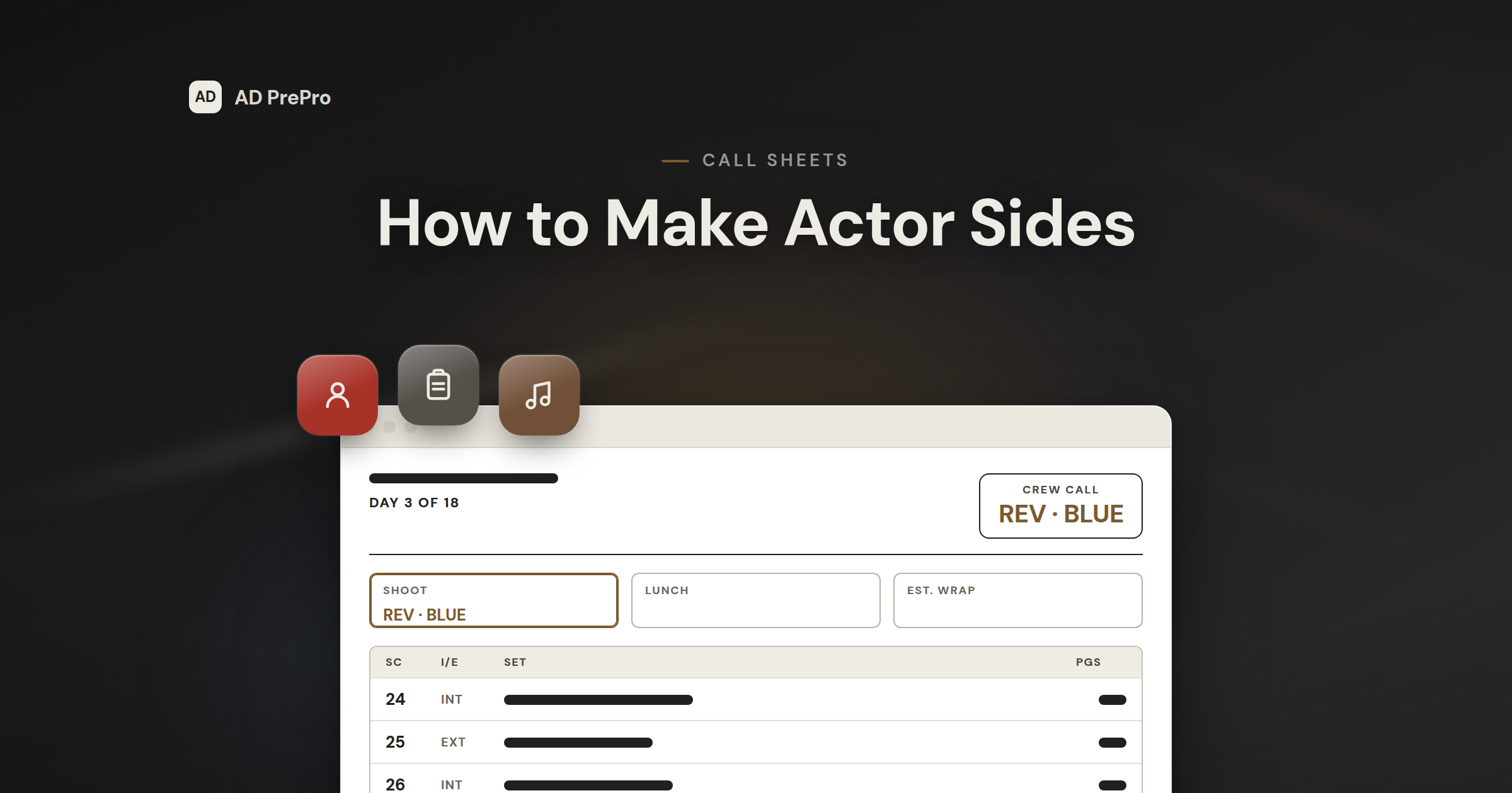 A stylized AD PrePro call sheet screen showing Day 3 of 18, a blue revision chip, and a scene schedule.