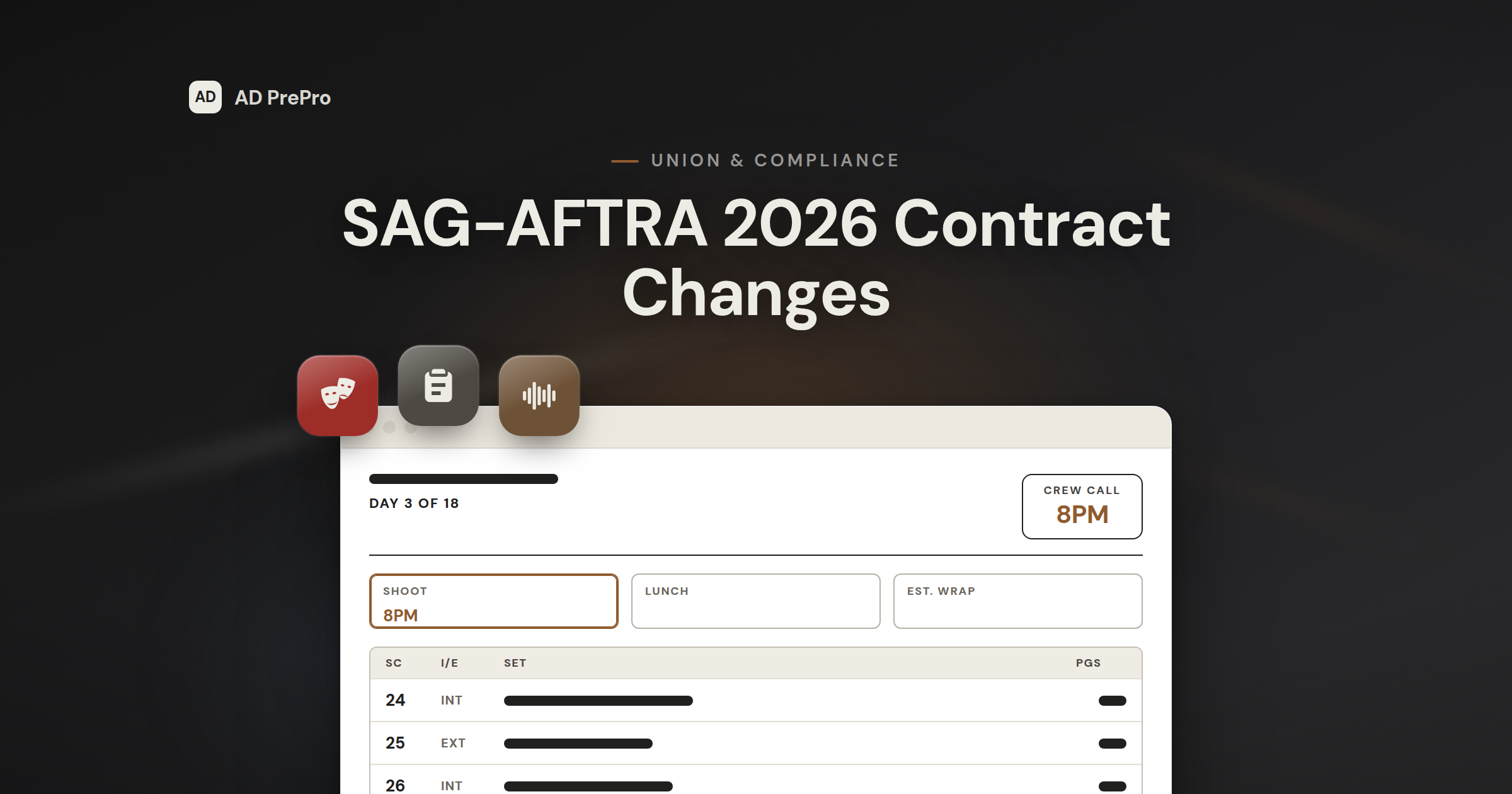 A stylized AD PrePro call sheet on a dark cover with an 8pm call-time notice chip highlighted.