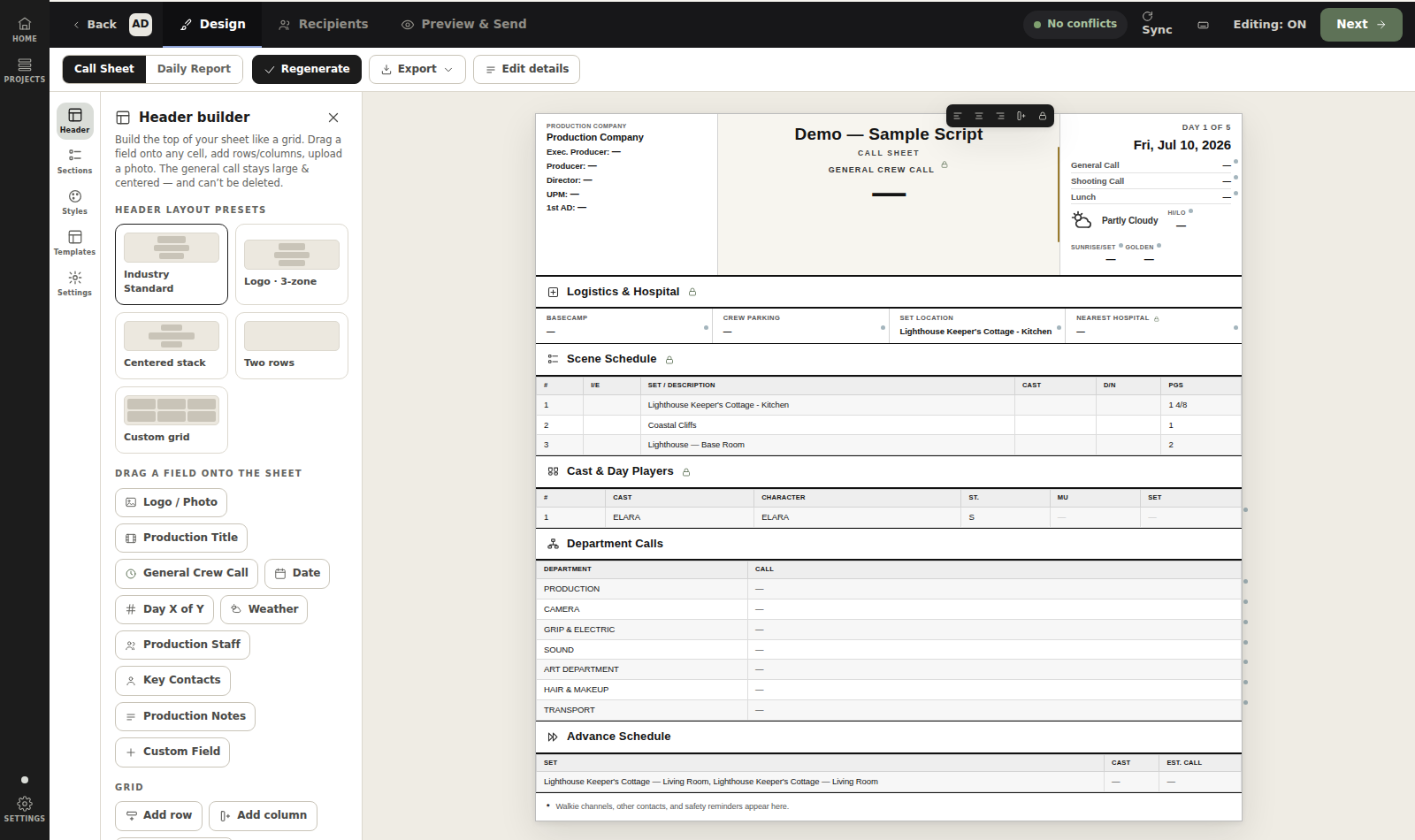The AD PrePro call sheet header builder showing production info, general crew call, weather, and a partly cloudy forecast auto-filled for the shoot day.