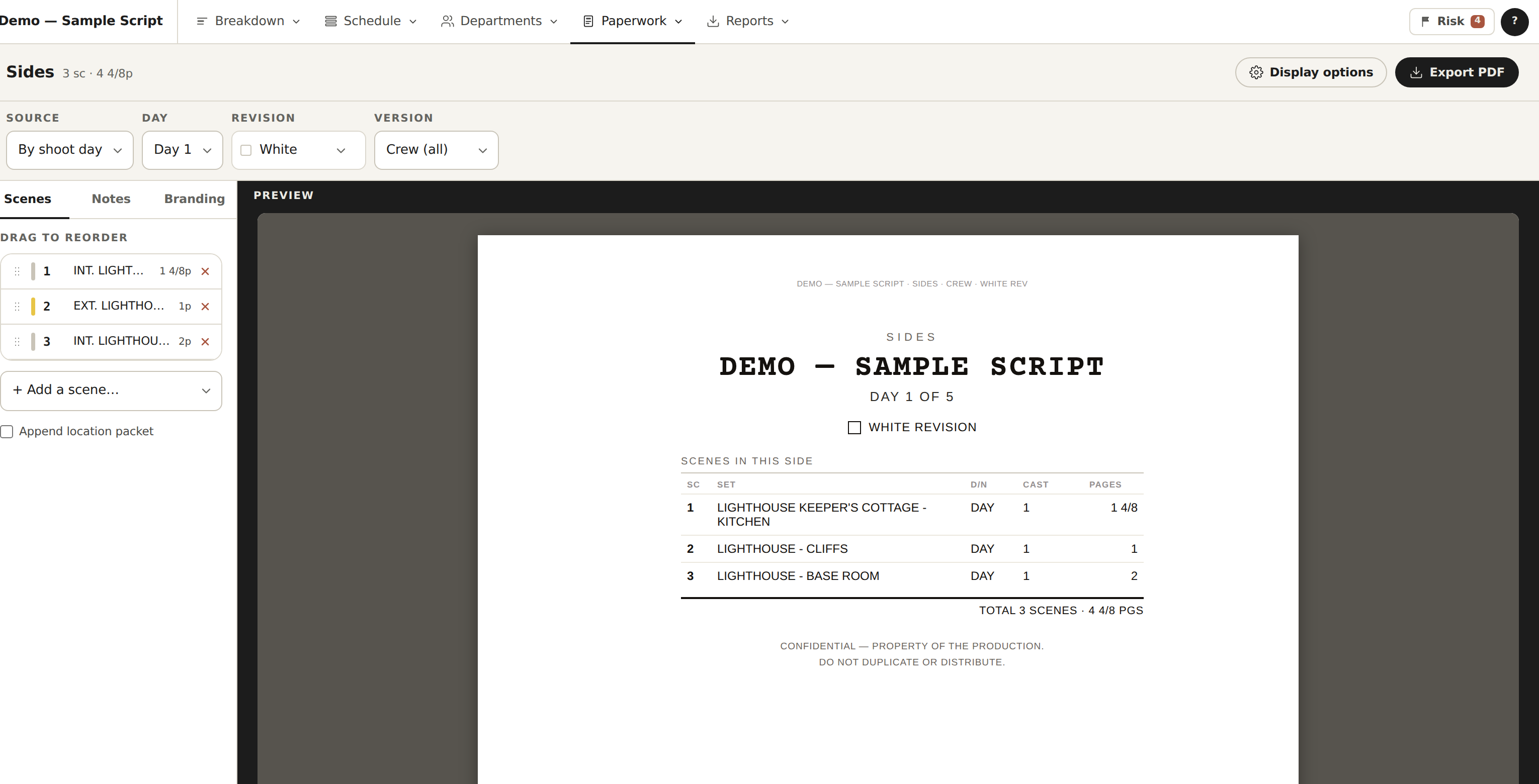 The AD PrePro sides builder showing selected scenes, a revision color picker, and a print preview with a cover manifest.