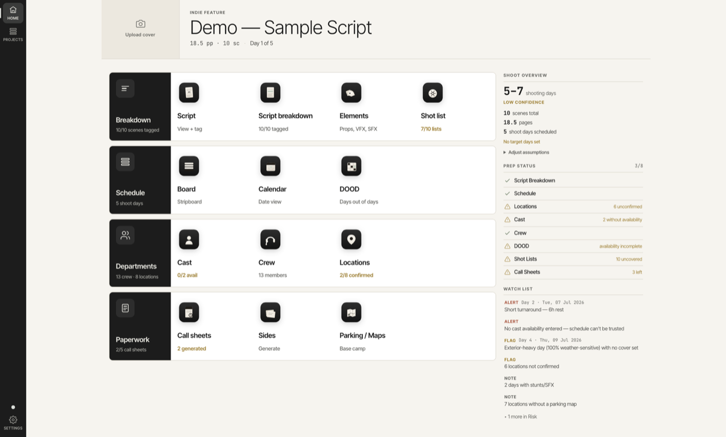 AD PrePro workflow overview showing the progression from script breakdown to schedule to Day Out of Days to call sheet.